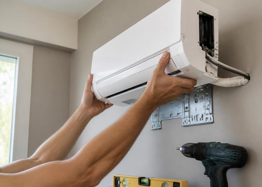 Technician installing a wall-mounted split AC unit