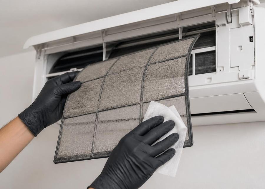 Technician cleaning an AC filter with gloves