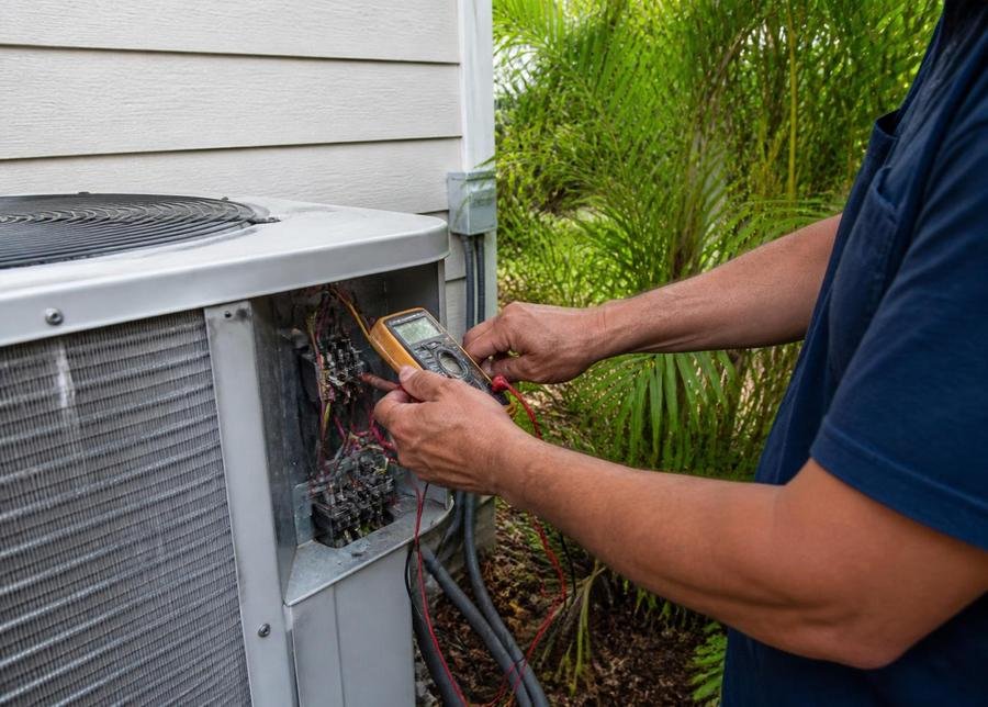 Technician testing an outdoor AC unit's electrical components